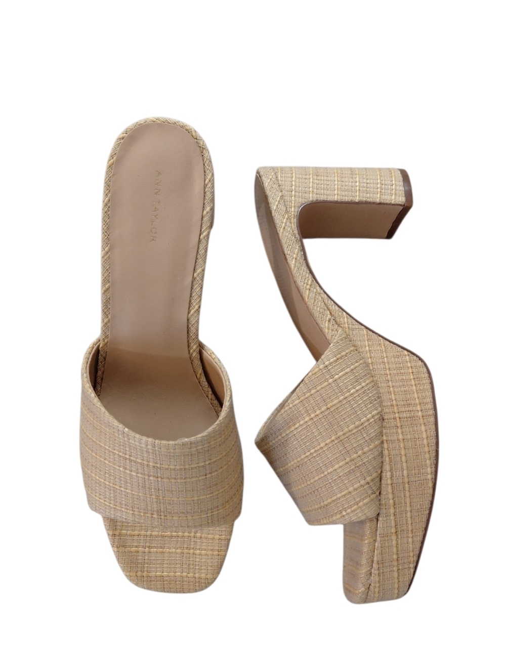 Ann Taylor Neutral Raffia Platform Slide Heeled Sandals Size 10